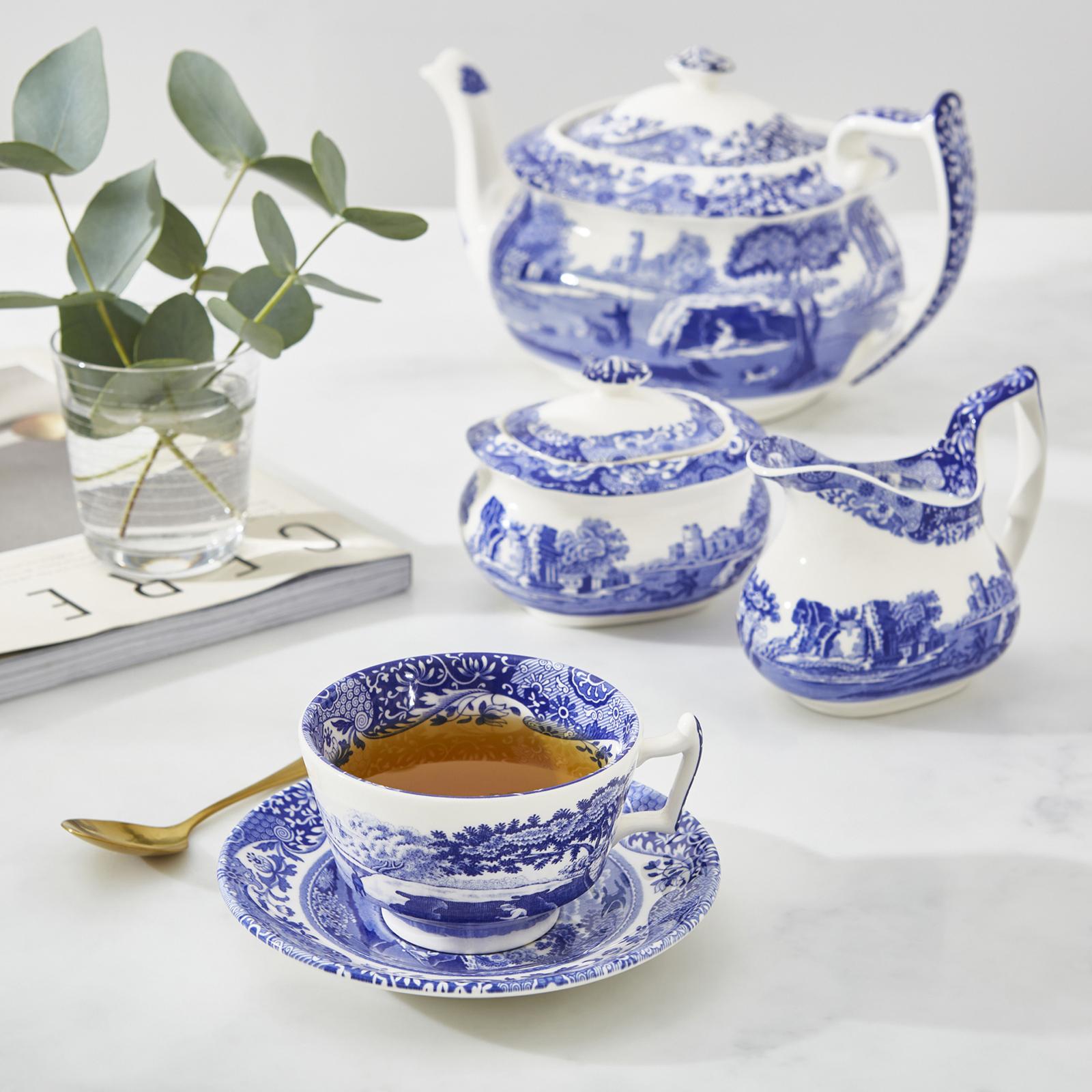 Spode, Blue Italian Teacup & Saucer, Set of 4 | Zola