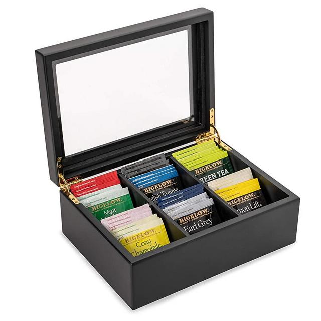 Wooden Tea Organizer For Tea Bags - Black Wooden Tea Chest With 6 Compartments - Clear Top Window - Lid Stays Open