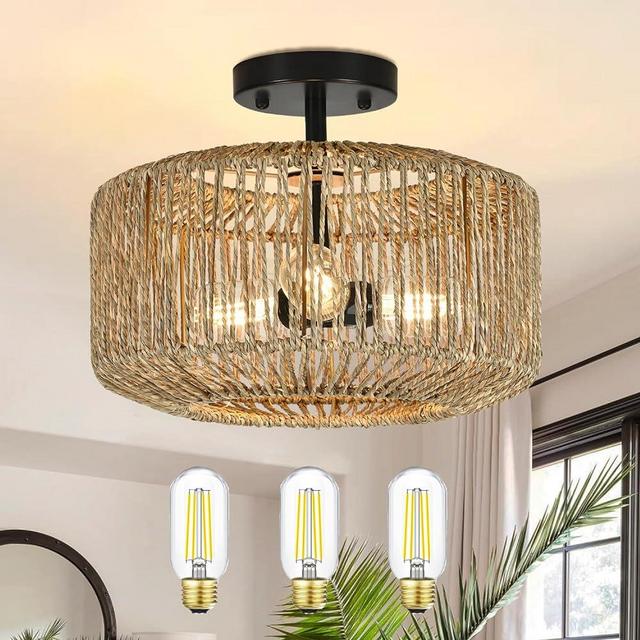 Wicker Semi Flush Mount Ceiling Light Fixture Boho Chandeliers,3-Lights Farmhouse Rustic Close To Ceiling Lighting Fixtures,Hand Woven Rattan Wicker Ceiling Light For Bedroom Living Room Hallway Kids
