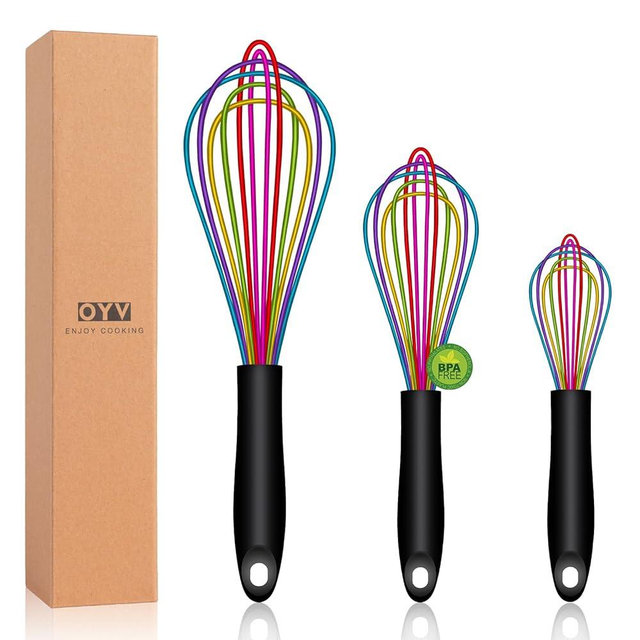 OYV Dishwasher Safe Colorful Silicone Whisk, Sealed Waterproof Design Set of 3, Professional Kitchen Whisks for Cooking Non-Scratch, Silicone & Stainless Steel Whisk, Heat Resistant Balloon Egg Beater