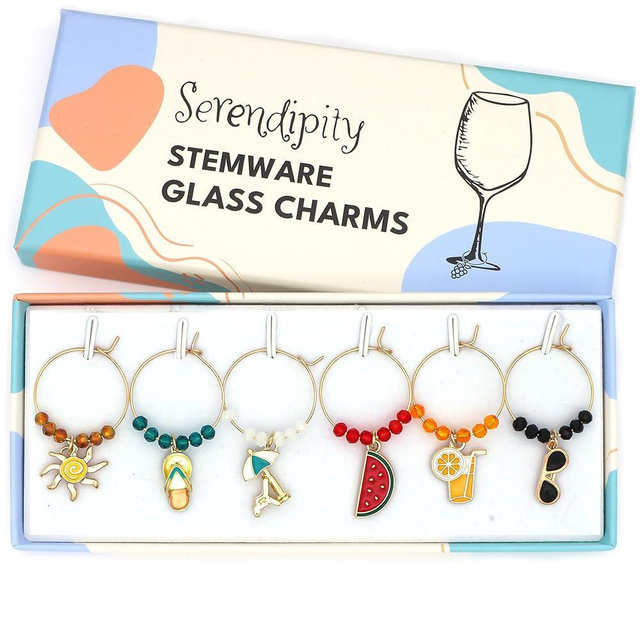 Serendipity Summer Wine Glass Charms, Set of 6 include: Sun bed, Sun, Flipflop, Cocktail, Watermelon and Sunglasses, Set of 6 Summer Gold Enamel Stemware Identifiers