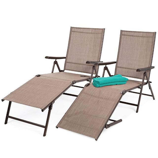Best Choice Products Set of 2 Outdoor Adjustable Folding Steel Textiline Chaise Reclining Lounge Chairs w/ 6 Back & 2 Leg Positions - Brown
