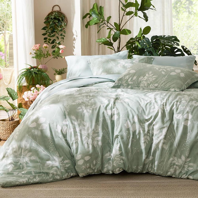 Bedsure Oversized Queen Comforter Set - 7 Pieces Floral Bedding Sets Sage Green Oversized Queen Bed in a Bag with Reversible Botanical Flowers Comforter, Sheets, Pillowcases & Shams