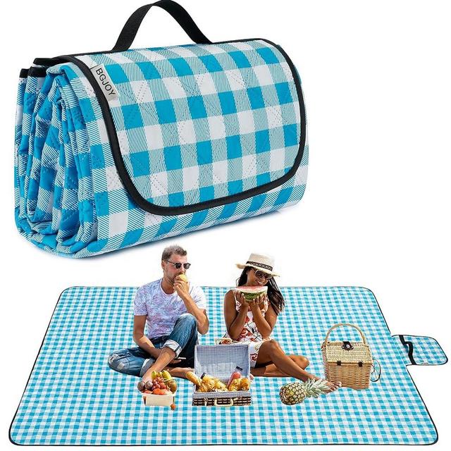 Large Beach Blanket Waterproof Sandproof Picnic Blanket Mat Sandfree Beach Picnic Mat with Carry Strap Outdoor Blanket fit 2-4 Adults for Camping Park Travel Grass Playground (Light Blue Plaids)