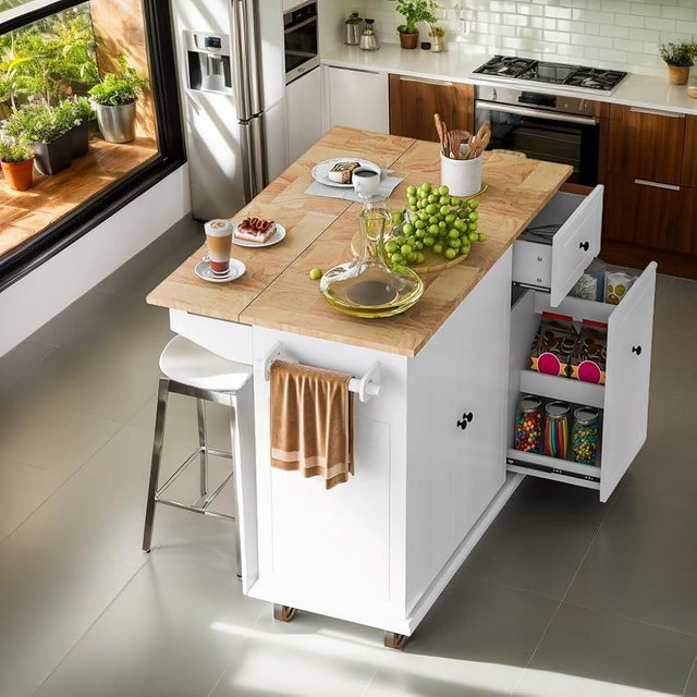 ABBSR Kitchen Island with Storage and Drop Leaf, Kitchen Kitchen Cart Island Table on Wheels with Drawer, Wood Top, Side Rack(White)