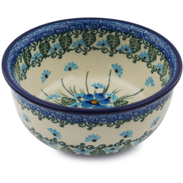 Polmedia Polish Pottery Bowl 5-inch UNIKAT - Forget Me Not Pattern Handmade in Boleslawiec Poland by Ceramika Artystyczna + Certificate of Authenticity