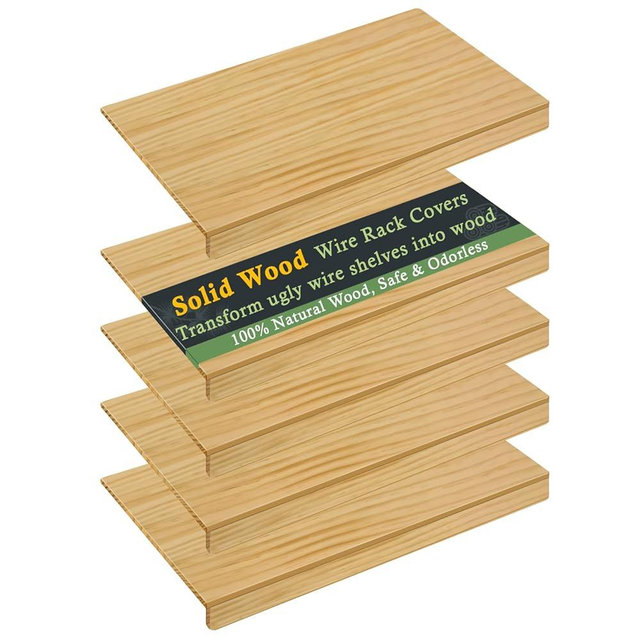Fobyni Solid Wood Shelf Covers for Wire Shelving, Wire Rack Covers for Pantry Shelves, Tool-Free & Snap-On (5pcs, 27" W x 12" D)