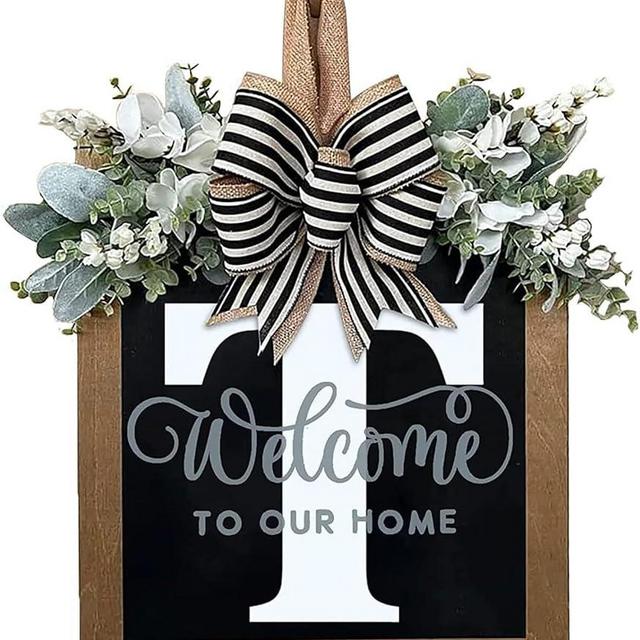 Last Name Year Round Front Door Wreath Front Porch Decoration 26 Letter Welcome Sign with Eucalyptus Garland and Bow Spring Wreaths for Front Door Outside Hanger Garland（T）