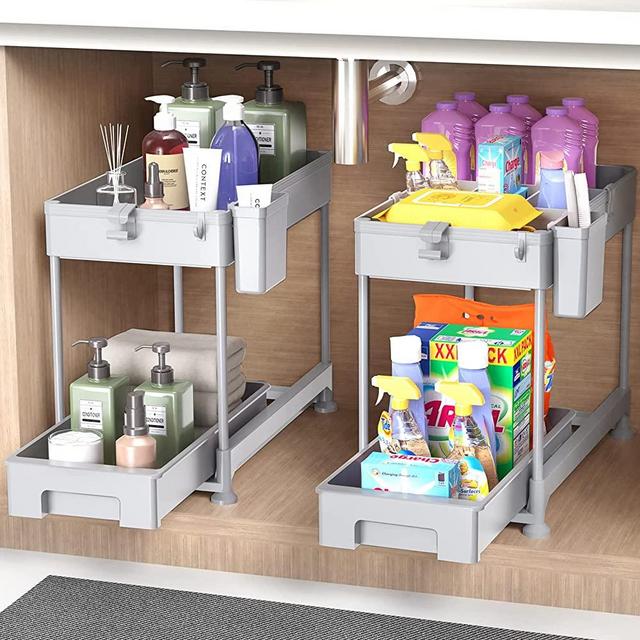 SPACEKEEPER Under Sink Organizer, Sliding Cabinet Basket Organizer 2 Tier Under Bathroom Storage Rack with Hooks, Hanging Cup, Dividers, Multi-purpose Storage Shelf for Bathroom Kitchen, Gray, 2 Pack