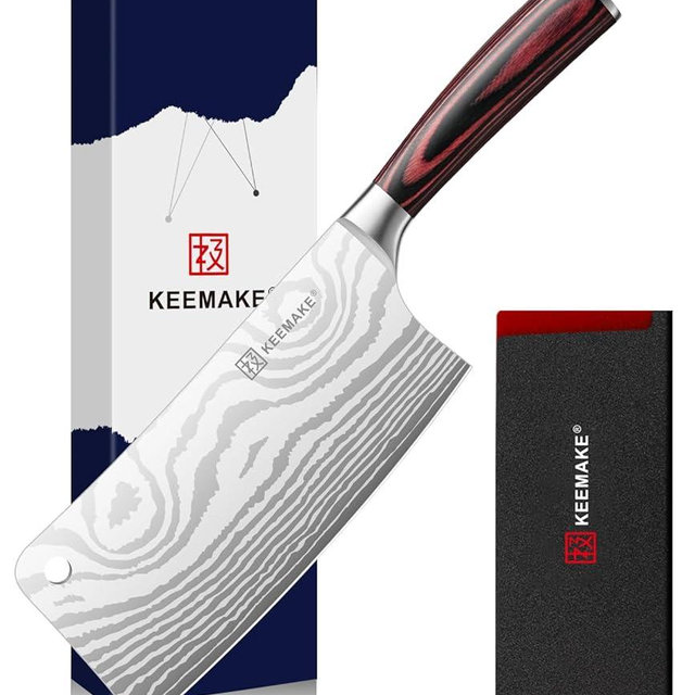 KEEMAKE Meat Cleaver Knife 7-Inch Razor Sharp High Carbon Steel Kitchen Knife, Butcher Knife Perfect for Chopping Meat & Veggies, Pakkawood Handle Ideal for Home & Professional Chefs, W/Sheath
