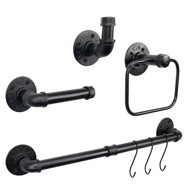 Jeasor 4-Pieces Industrial Pipe Bathroom Towel Ring Kit DIY Wall Mount Accessories Kit Includes Robe Hook Towel Bar and Towel Ring (24 inch)