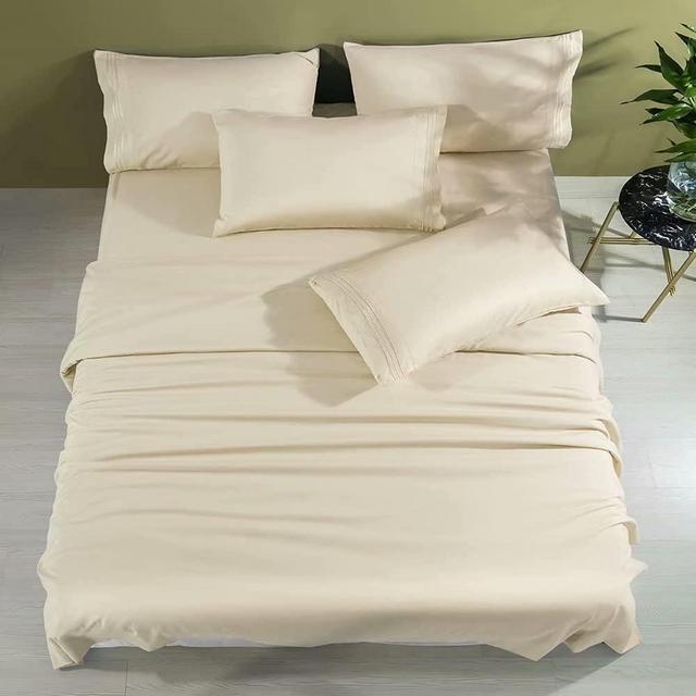Shilucheng Cool 6PC 100% Bamboo King Size Bed Sheets Set 1800 Thread Count 16 Inch Deep Pockets Eco Friendly Soft Comforterble Wrinkle Fade and Hypoallergenic (King,Beige)
