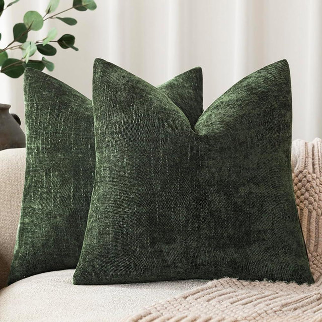 Foindtower Pack of 2 Soft Textured Chenille Throw Decorative Pillow Covers Square Accent Solid Cushion Cover Neutral Farmhouse Pillow Case for Couch Sofa Bedroom Living Room 18x18 Inch,Dark Green