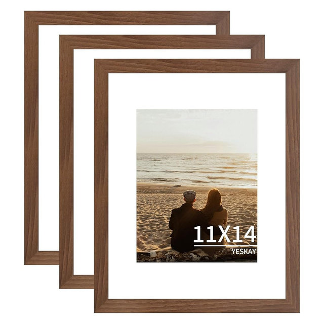 YESKAY 11x14 Picture Frame 3 Pack,Brown Wooden Frame with Tempered Glass,Display Pictures 8x10 with Mat or 11 x 14 Without Mat,11 by 14 Photo Frame for Wall Hanging