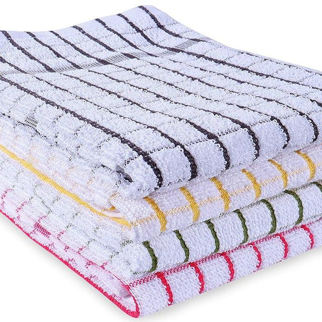 AMOUR INFINI Kitchen Towels Set of 4 - Highly Absorbent, Super Soft Terry Cotton 20x28 Inch Dish Towels with Hanging Loop - Hand & Tea Towels for Cleaning & Drying Dishes (Ass- Charcoal)