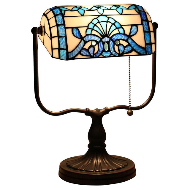 UYYTBPA Blue,Tiffany Style Lamp Baroque Bankers Lamp 10 inch Stained Glass Table Lamp with Zipper, Angle Adjustable, Table Lamp for Working Reading Home Office Living Room Bedroom