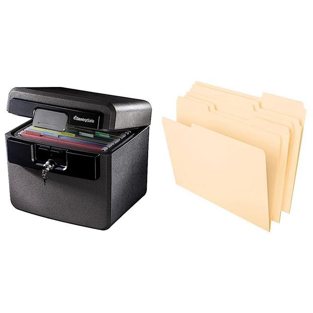 Sentry Safe Safe Box, 14.3 x 15.5 x 13.5, Black & Pendaflex File Folders, Letter Size, 8-1/2" x 11", Classic Manila, 1/3-Cut Tabs in Left, Right, Center Positions, 100 Per Box (65213)