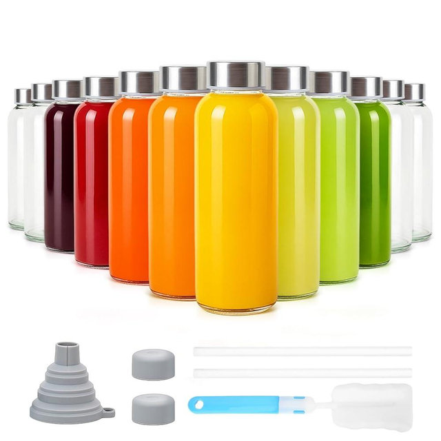 Sursip 10 oz Glass Juice Bottles, 12 Pack with Stainless Steel Lids – Reusable Small Glass Bottles for Smoothies, Iced Tea & Milk – Leak-Proof, BPA-Free, Dishwasher Safe