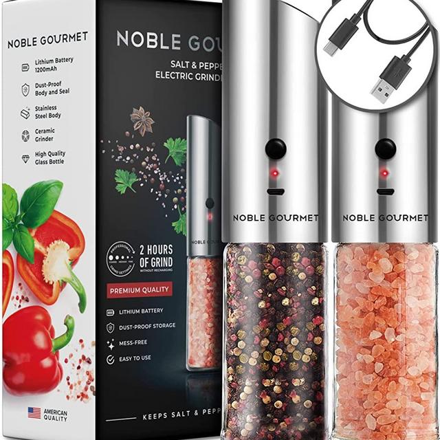 Electric Salt and Pepper Grinder Set - Pack of 2 - Automatic Rechargeable Mills - Refillable Gravity Shakers - Premium Gift Box - Adjustable Ceramic Grind for Black Peppercorn - No Battery Operated