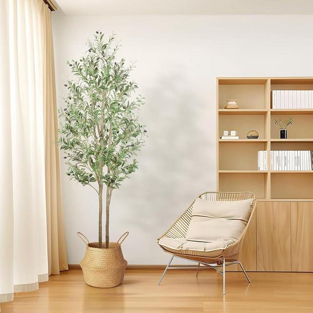 Alupssuc 𝟕 𝐟𝐞𝐞𝐭 Artificial Olive Tree Faux Silk Plant(84" in), Indoor Fake Olive Tree with Natural Wood Trunk & Lifelike Fruits, Perfect for Modern Home Office Living Room Floor Decor, 7ft