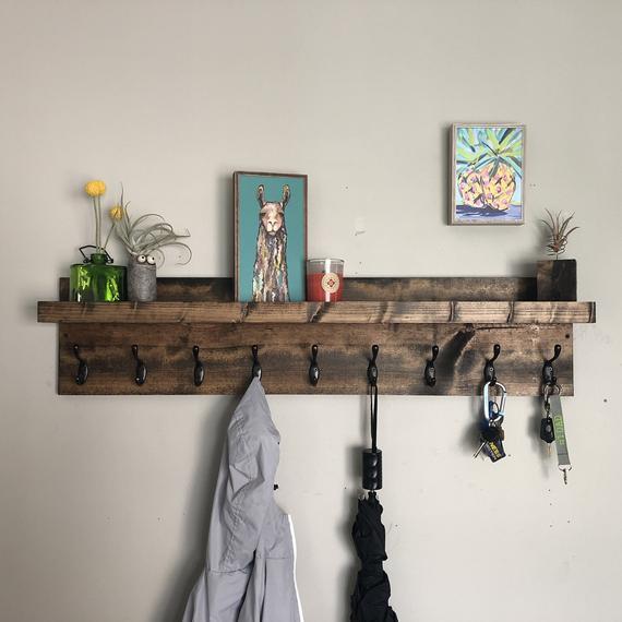 Coat Rack with Shelf | Entryway Organizer Towel Rack Key Hooks Wall Mounted Coat Rack Catch All Leash Mask Holder Rustic Modern Unique