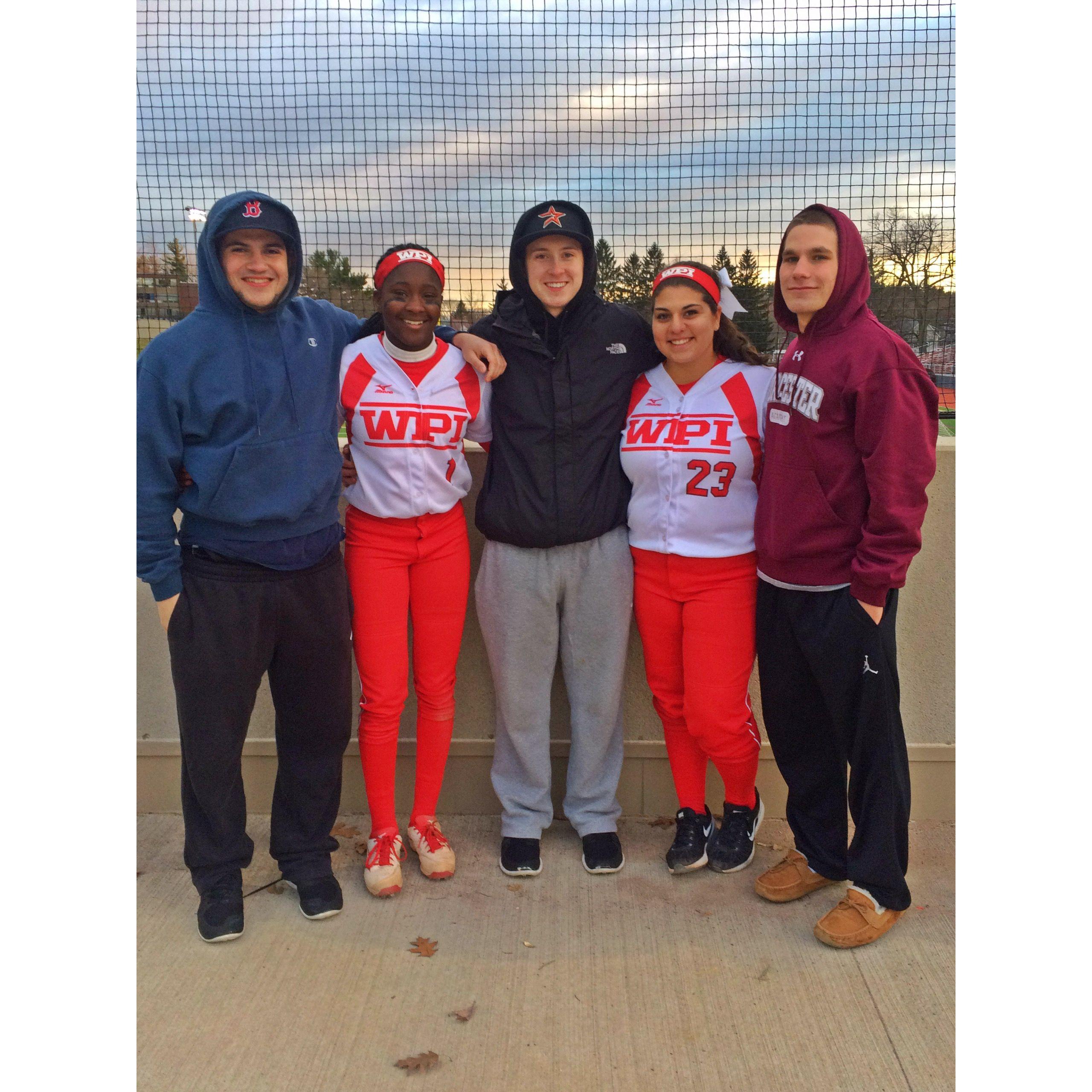 WPI softball game with MOH Kelsey and Groomsmen Jack and Dan