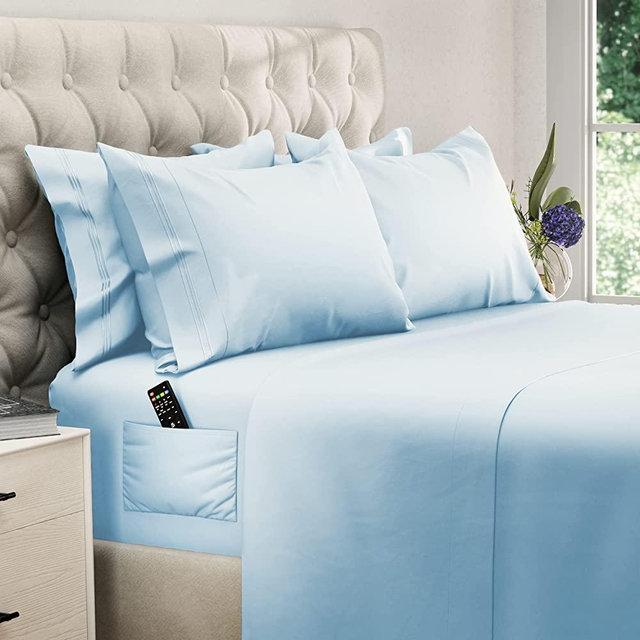 6 Piece Extra Deep Pocket King Size Sheets Set King Sheet Sets King Sheets Deep Pockets King Sheets Sets Deep Pocket King Sheets for King Size Bed Sheet Sets for King Size Bed King Bed Set Light Blue