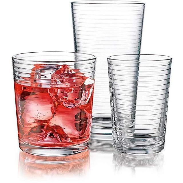 Durable Drinking Glasses [Set of 18] Glassware Set Includes 6-17oz Highball Glasses, 6-13oz Rocks Glasses, 6-7 oz Juice Glasses| Heavy Base Glass Cups for Water, Juice, Beer, Wine, and Cocktails