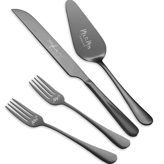 Wedding Cake Knife and Server Set, Cake Cutting Set for Wedding, 4 Pieces Cake Pie Sever set and Forks, Wedding Gifts, Bridal Shower Gifts for Couples (Black)