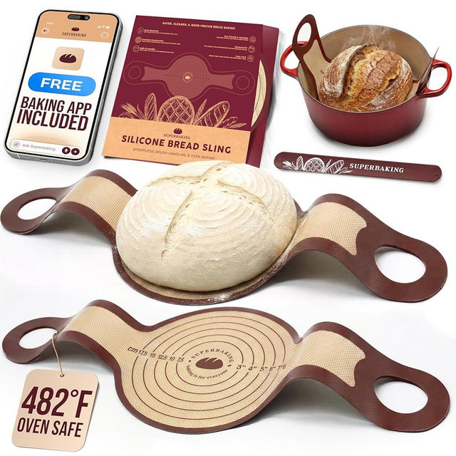 Pro Silicone Bread Sling 2 Pcs - 9in set of 2 Round 482F Heat Resistant Dough Lifter, Non-Stick Dutch Oven Liners, Long Handles, Reusable Sourdough Bread Baking Supplies, Sourdough Gifts