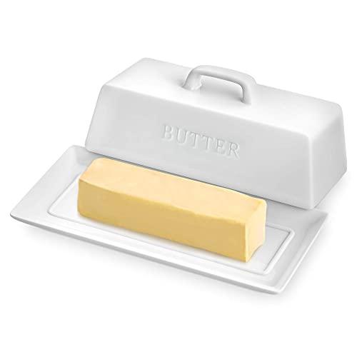 PriorityChef Butter Dish with Lid - Deluxe Butter Keeper For Counter Makes Spreading Effortless - No-Slip Lid with Handle - Holds 1 Standard Stick - Polished Ceramic Butter Holder in White