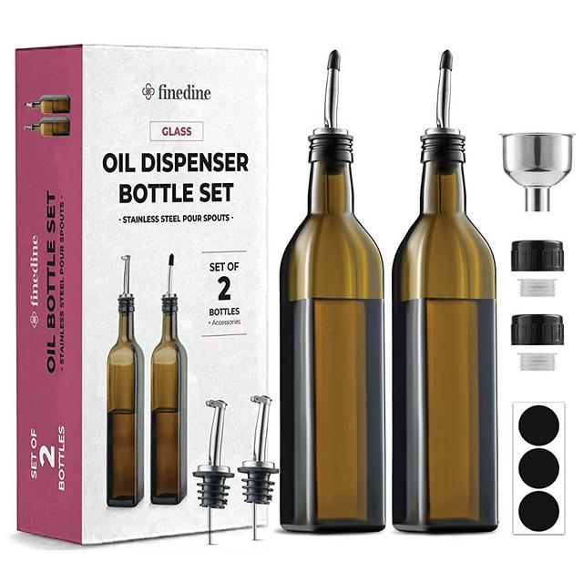 Superior Olive Oil Dispenser Set - Slim Amber Brown Design Oil and Vinegar Dispenser - Funnel For Easy Refill - Oil Dispenser Bottle For Kitchen With 4 Pouring Spouts and Labels - Glass Oil Bottle Set