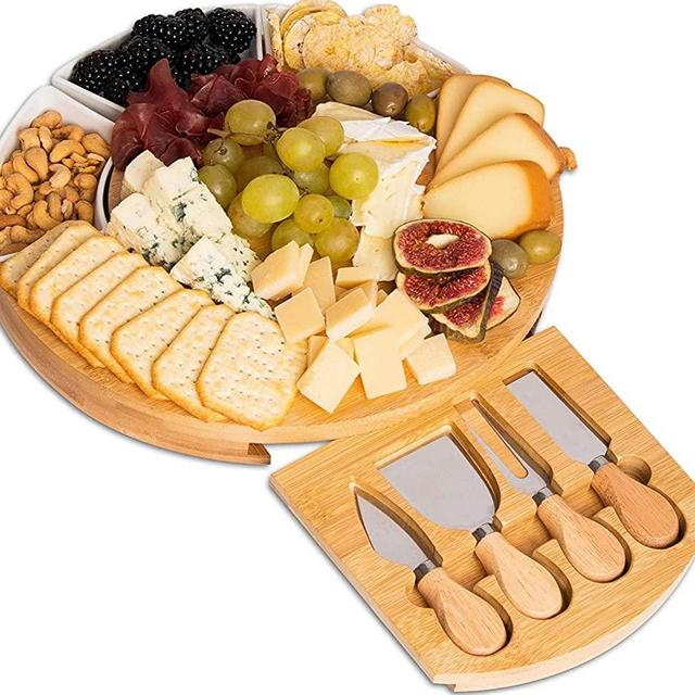 Bamboo Cheese Board and Knife Set – Charcuterie Boards with Cutlery Set - 4 Stainless Steel Knives in Slide-Out Drawer – Cheese Serving Platter with 3 Ceramic Bowls - Great Gift Idea for Any Occasion