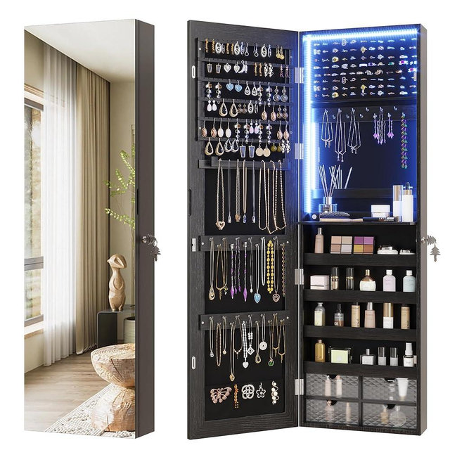 Vlsrka 47.2" LED Jewelry Armoire Organizer, Wall/Door Mounted with Full Length Mirror, Large Storage Hanging Cabinet, 4 Drawers, 5 Shelves, Built-in Lighted Mirror (Wood Black)