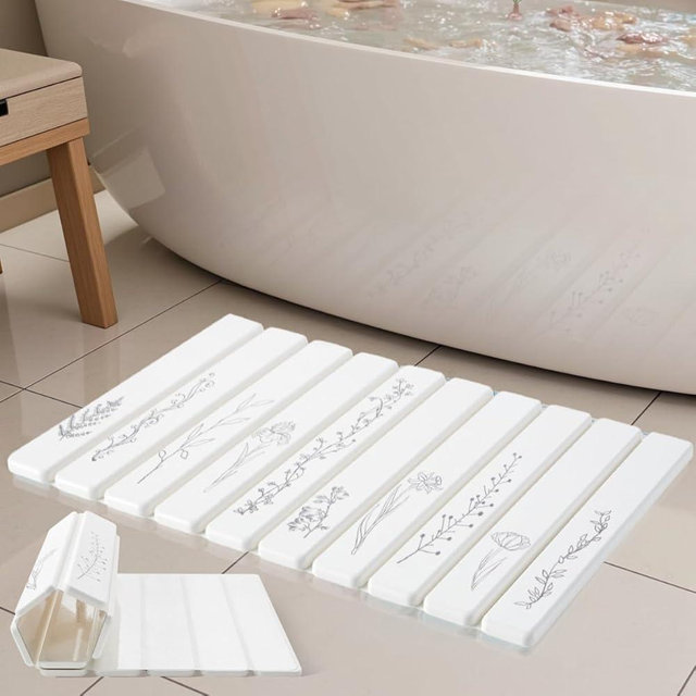 INFISIBLE Foldable Stone Bath Mat - 24x16 Inch, Super Absorbent Diatomaceous Earth Large Bath Mats for Bathroom, Quick Dry Non-Slip Stone Drying Mats for Kitchen Counter & Bathtub (Black Floral Decor)