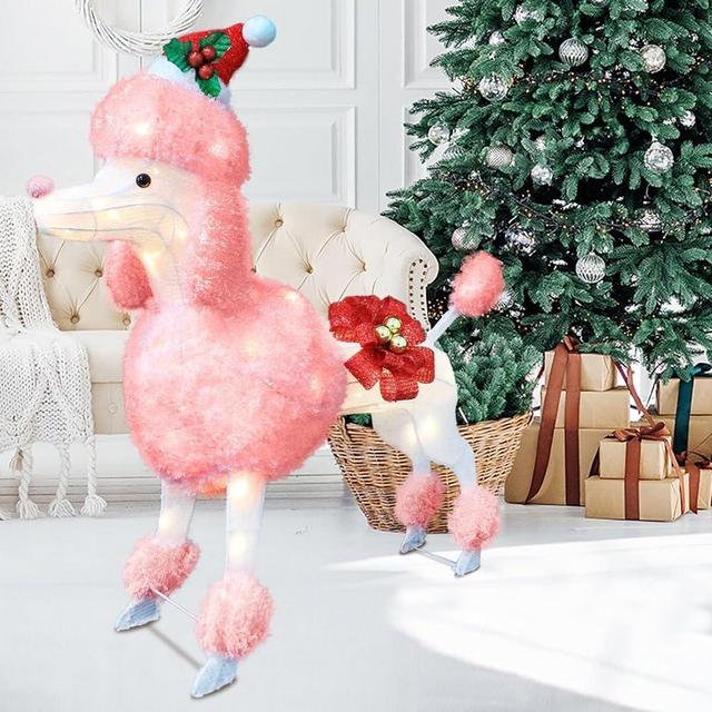 DROFELY 35in Christmas Decoration Pink Dog with Lights,Hairy Poodle Outdoor Decoration Lighted Dog Christmas Tree Cute White Dachshund with Red Christmas Hat Indoor Porch Outdoor Yard Holiday Decor