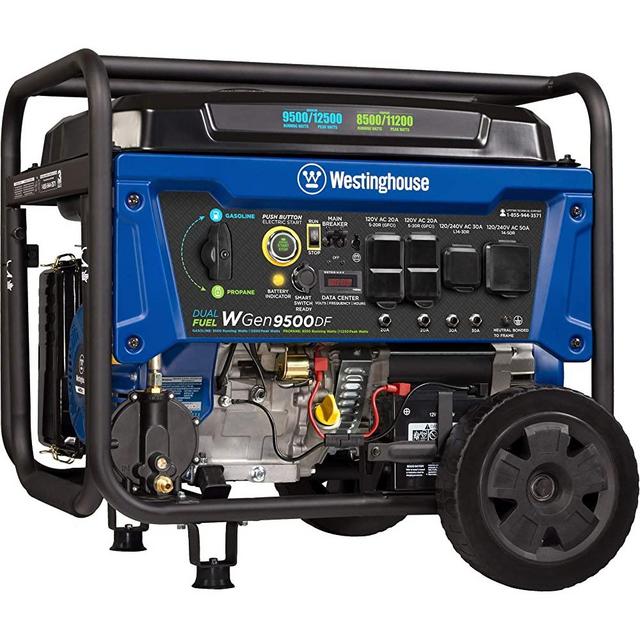 Westinghouse WGen9500DF Dual Fuel Portable Generator-9500 Rated 12500 Peak Watts Gas or Propane Powered-Electric Start-Transfer Switch & RV Ready, CARB Compliant