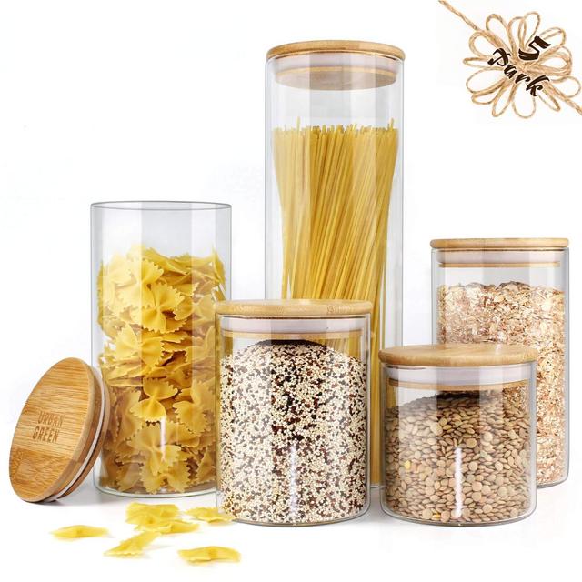 Glass Jar with Bamboo Lids Urban Green, Glass Airtight food Storage Containers, Glass Canister set, Spice Jar, Glass storage containers with lids, Pantry Organization and Storage set of 5