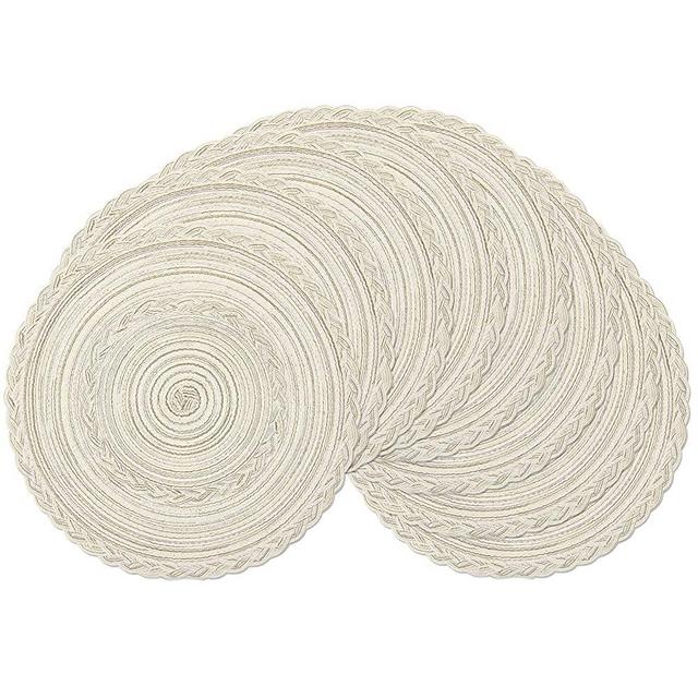 SHACOS Round Placemats Set of 8 Braided Placemats Bordered 15 inch for Dining Tables Wedding Holiday Party (Ivory Bordered, 8)