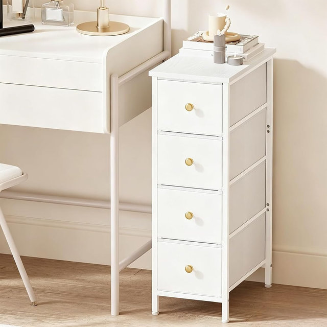 Fixwal Narrow Storage Cabinet, Narrow Nightstand Dresser with 4 Drawers, Slim Fabric Dresser Storage Tower for Small Spaces, White Dresser, for Bedroom, Bathroom, Laundry, Closet