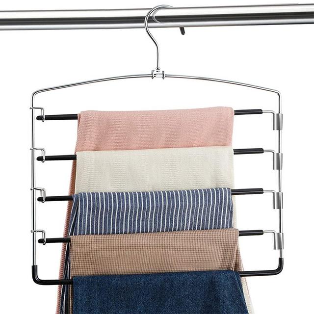 Pants Hangers Non Slip 3 Pack Space Saving Hangers Multi-Layer Swing Arm Pants Hanger Stainless Steel Space Saver Hangers for Pants Jeans Scarf Trouser Tie Towel Clothes (Black)