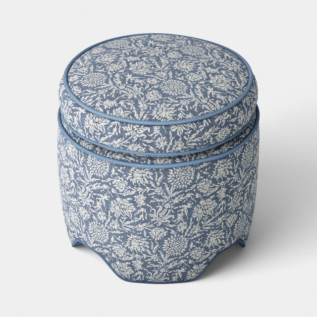 Upholstered Storage Ottoman with Piping Printed Blue Fabric - Threshold™