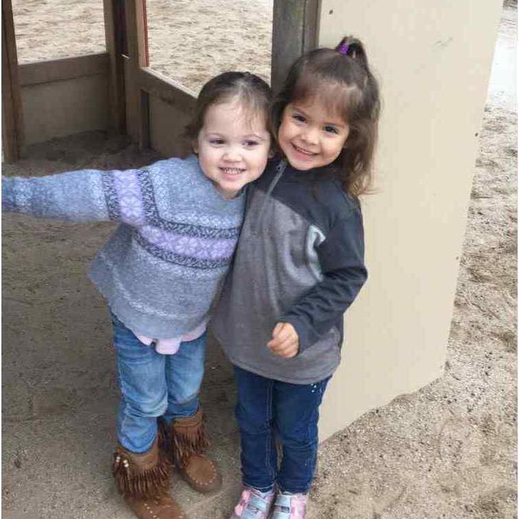 Scarlett's first day of daycare with Leia, both age 3!