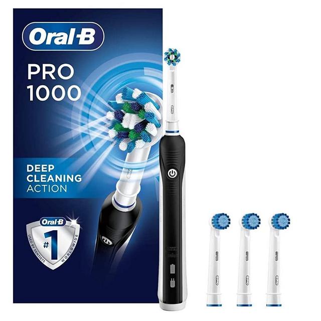 Oral-B 1000 CrossAction Electric Toothbrush, Black, Powered by Braun and Sensitive Gum Care Electric Toothbrush Replacement Brush Heads Refill, 3 Count