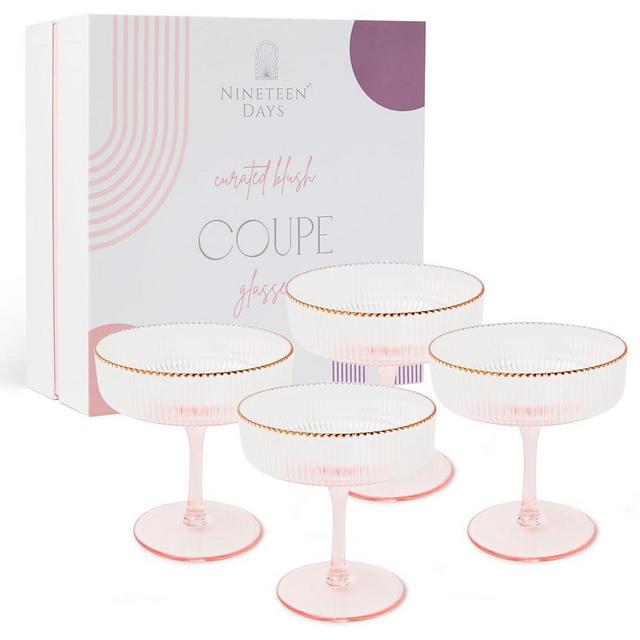 Nineteen Days Blush Coupe Glasses w/Rose Gold Rims 8oz | Coupe Glasses Set of 4 w/Gifting Box | Vintage Champagne Glasses | Pink Coupe Glasses | Vintage Coupe Glasses | Espresso Martini Glasses