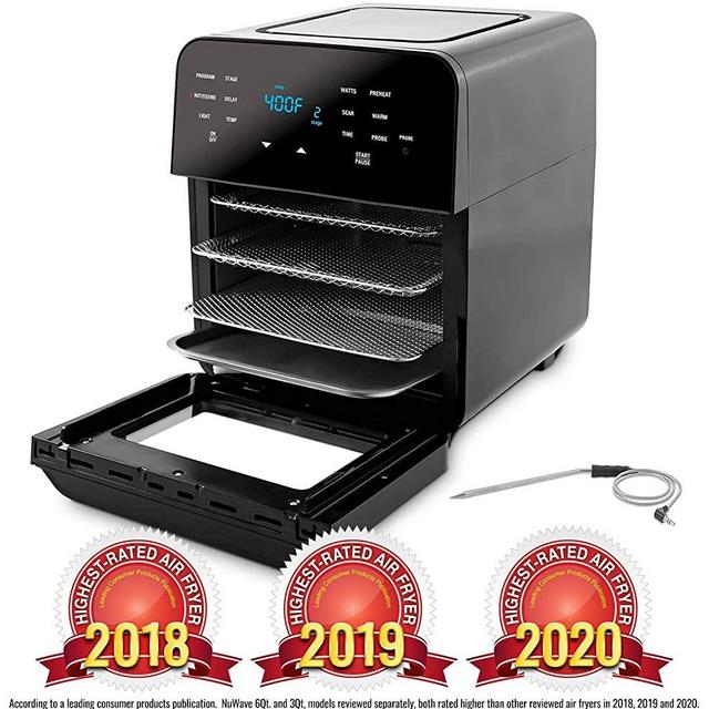 NUWAVE BRIO 14-Quart Large Capacity Air Fryer Oven with Digital Touch Screen Controls and Integrated Digital Temperature Probe; 3 Heavy-Duty NEVER-RUST Stainless Steel Mesh Racks Great for Multi-Level Family Meals; Drip Tray; Rotisserie Kit includes Skewers and Basket; 100 Programmed Presets and the Ability to Store and Recall Your Own Programs; 1800 Watts w/ Adjustable Wattage Control - 900, 1500 & 1800; Advanced Functions include PROGRAM, SEAR, STAGE, PREHEAT, DELAY, WARM, ROTISSERIE, w/ LIGHT