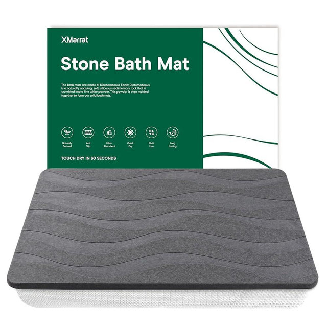 XMarrat Stone Bath Mat, 23.6'' x 15.4'' Super Absorbent Diatomaceous Earth Bath Mat Large, Quick Drying Non-Slip Diatomite Stone Bath Mats for Bathroom, Easy to Clean (Dark Gray)