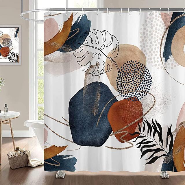Abstract Shower Curtain Boho Mid Century Navy Blue Gold Colorful Modern Geometric Leaves Plant Neutral Minimalist Bathroom Shower Curtains Fabric Waterproof with Hooks, 72" x 72"