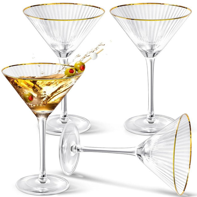 Teenyyou Gold Rim Martini Glasses Set of 4 Ribbed Coupe Glasses with Stem 9 oz Reusable Crystal Champagne Cocktail Margarita Whiskey Tequila Glassware for Girls Nights Wedding Housewarming Gifts
