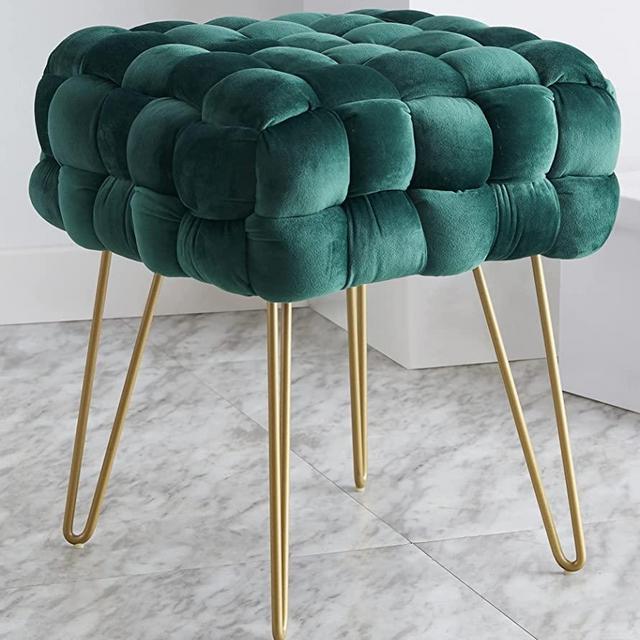 Ornavo Home Mirage Modern Contemporary Square Woven Upholstered Velvet Ottoman with Gold Metal Legs - Emerald Green